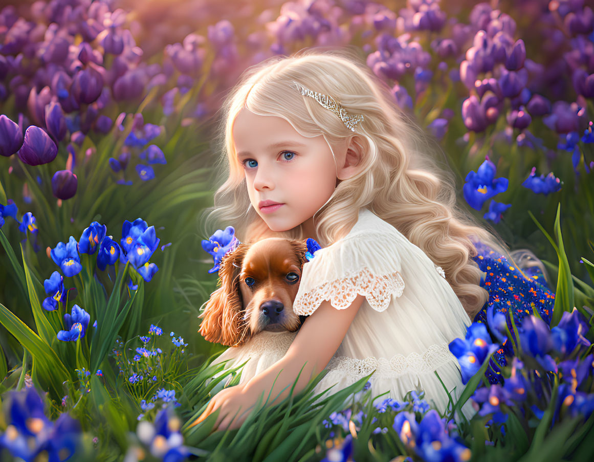 Young girl with blonde curly hair in white dress holding puppy among purple and blue flowers