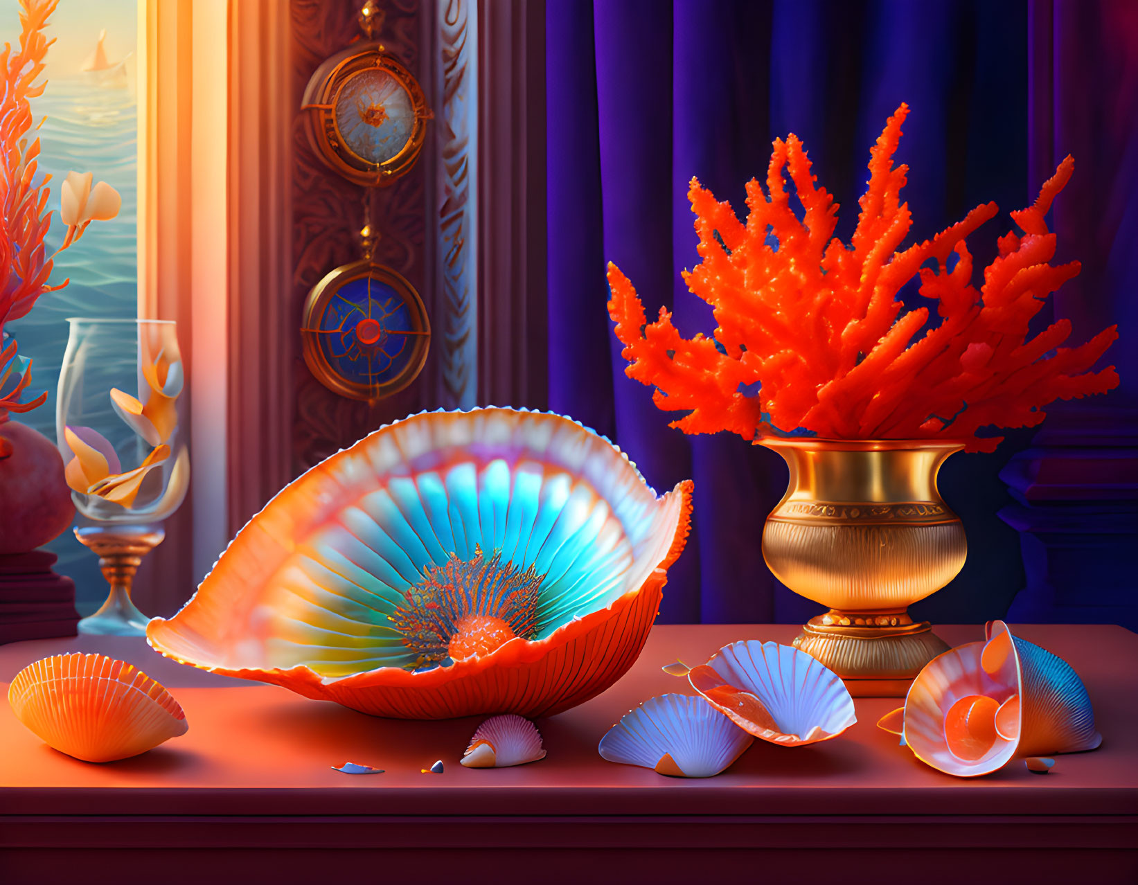 Colorful underwater-themed still life with iridescent shell, coral, and smaller shells on windowsill