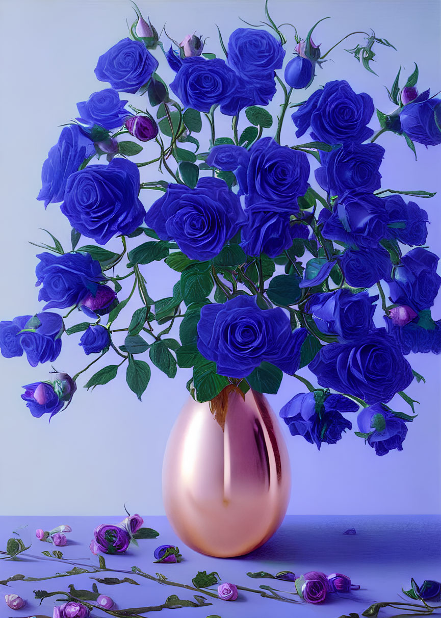 Blue Roses Bouquet in Gold Vase on Reflective Purple Surface