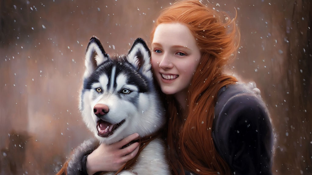 Red-haired person hugs Siberian Husky in snowy scene