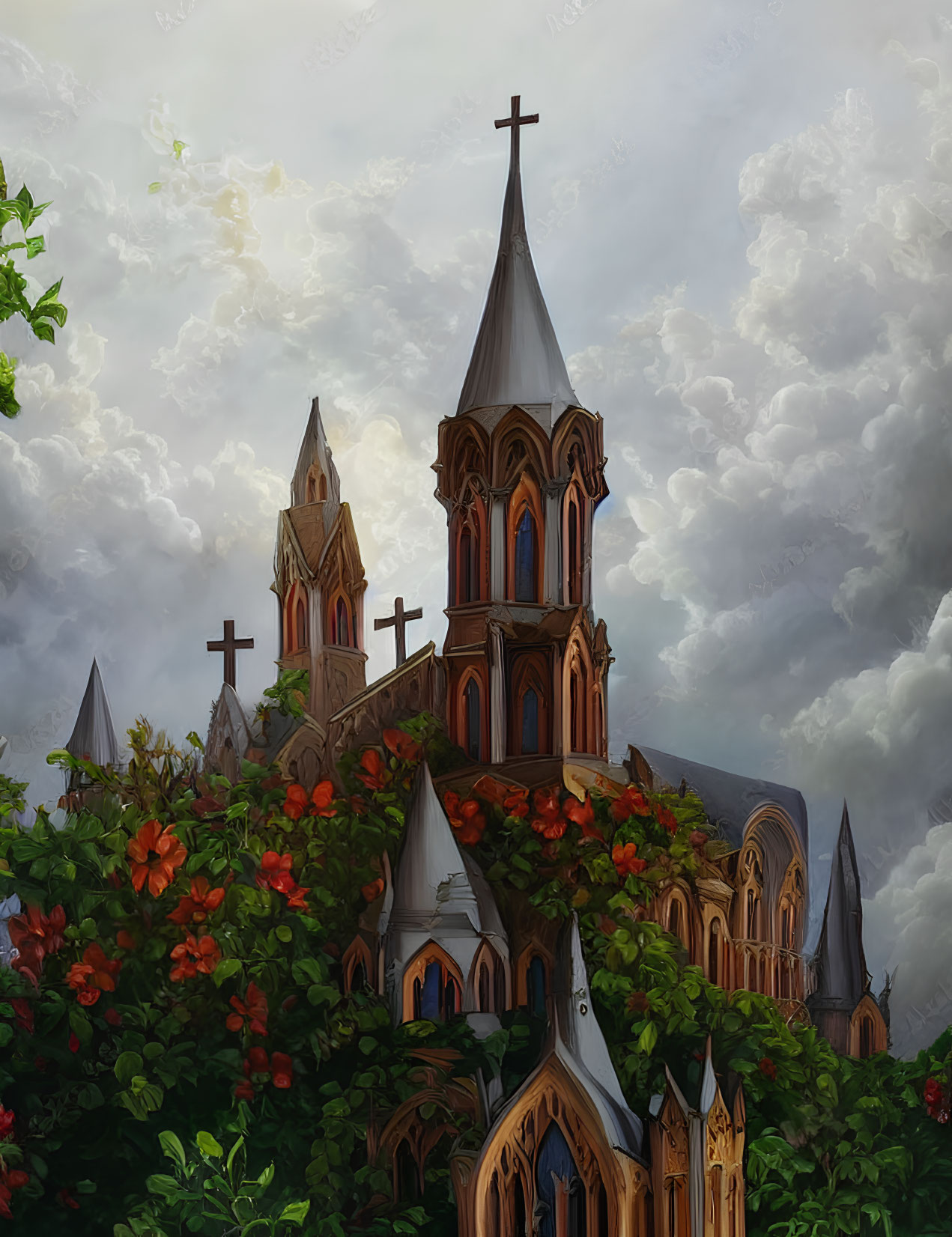 Gothic church spires amid lush greenery and red flowers against dramatic sky