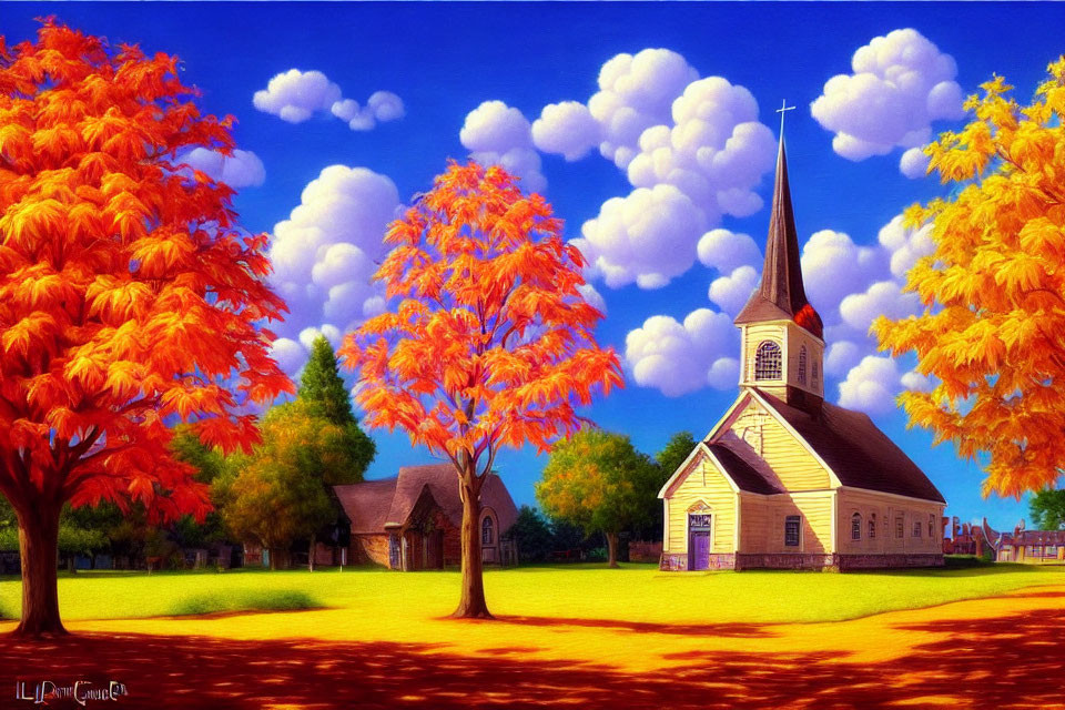 Colorful rural landscape with white church, fiery orange trees, and blue sky.