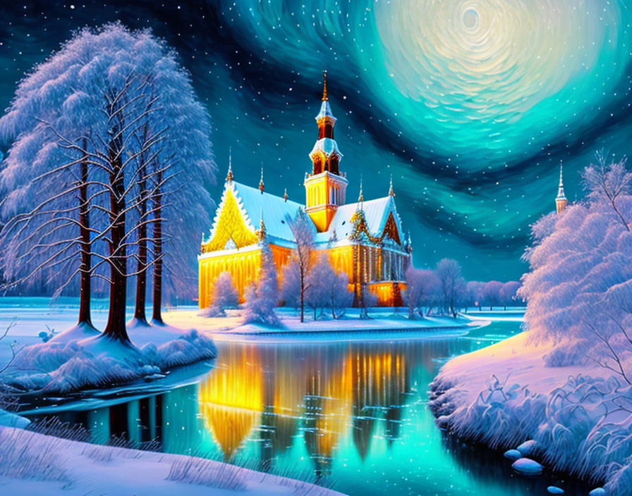 Snowy church by frozen lake under starry sky with aurora swirls