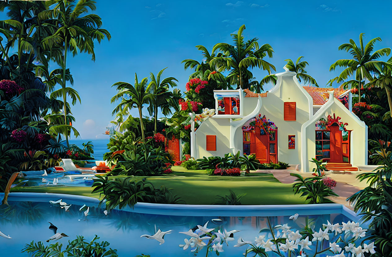 Tropical villa with red accents, palm trees, flowers, and blue pool.