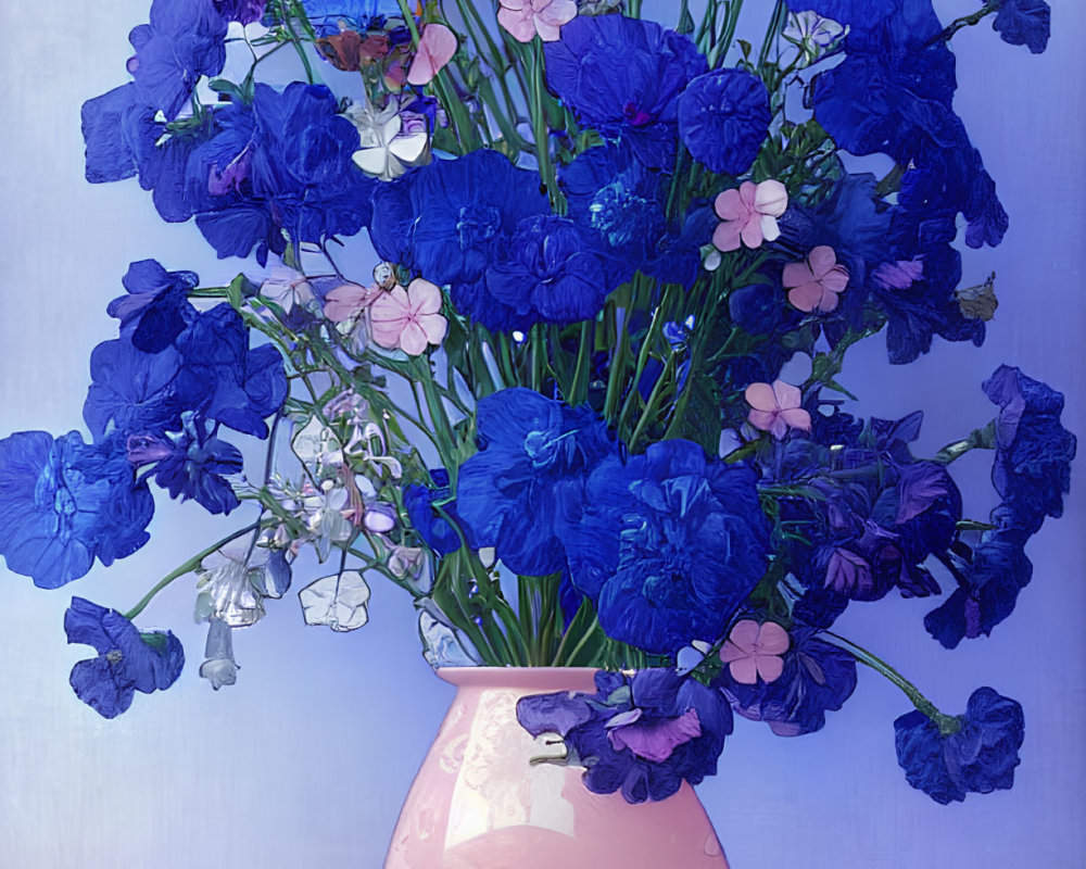 Blue and Pink Flower Bouquet in Pastel Pink Vase on Blue Gradient Background