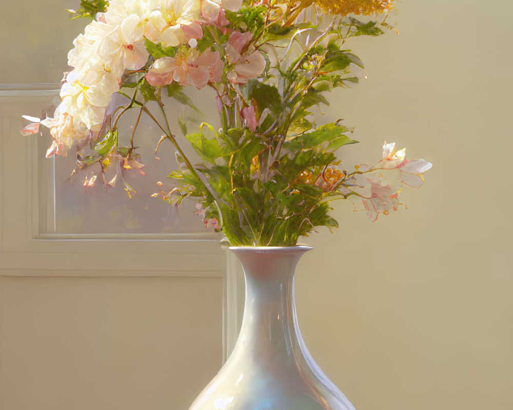 Vibrant yellow and pink flowers in a vase by a sunny window
