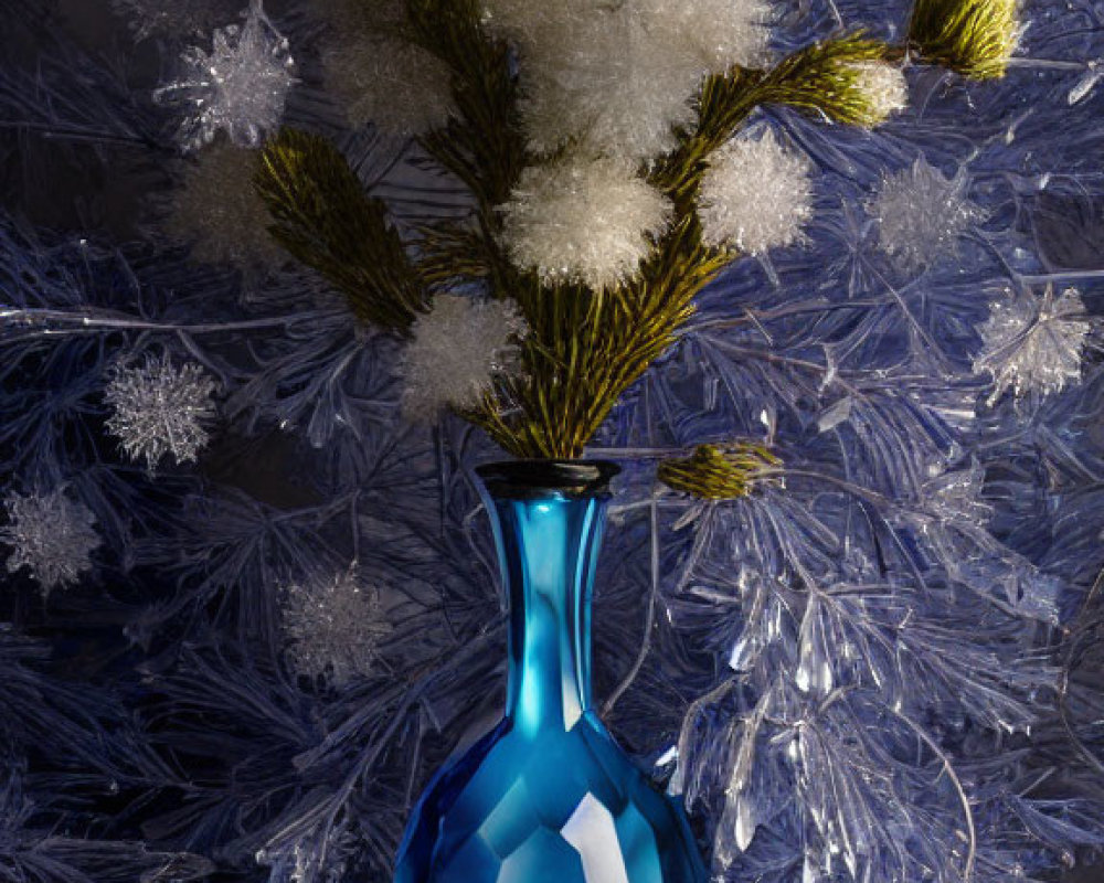 Blue Glass Vase with Pine Branches in Snowy Tree with Crystal Decorations