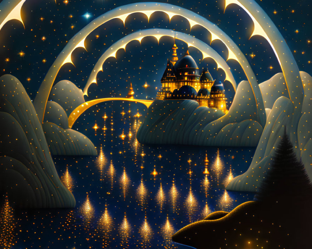 Night scene with illuminated arches, castle, stars, whale tail, and moon reflection.