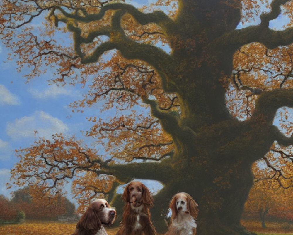 Three Dogs Sitting Under Large Tree in Autumn Setting