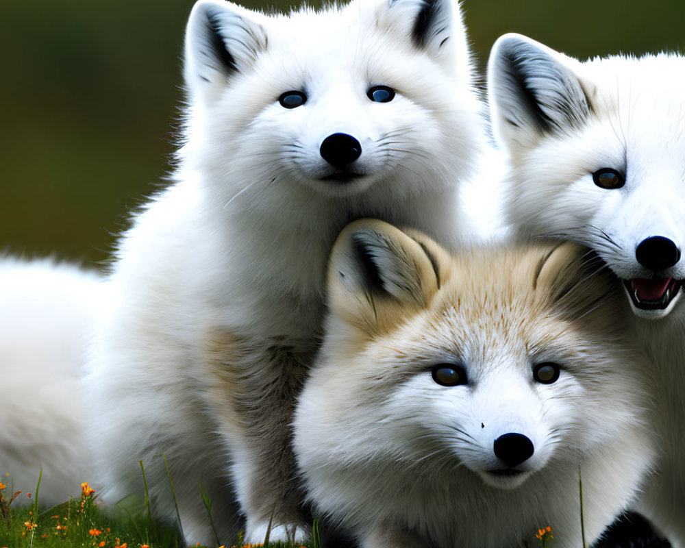 Three White Arctic Foxes Huddled on Grass Field