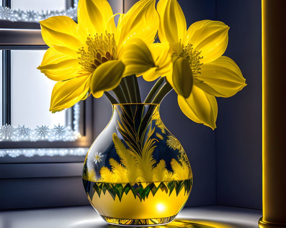 Yellow Tulips in Decorated Vase on Sunlit Windowsill with Snowy Trees View