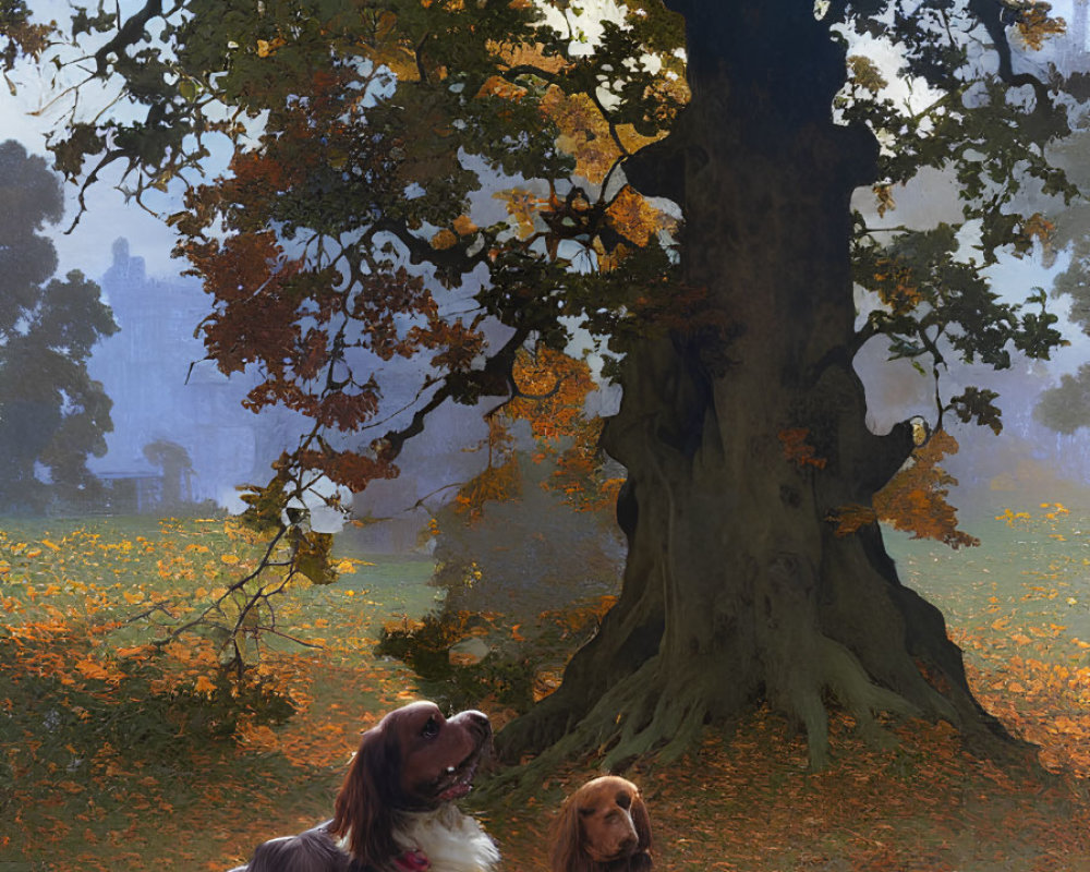 Autumn scene with two dogs under large tree