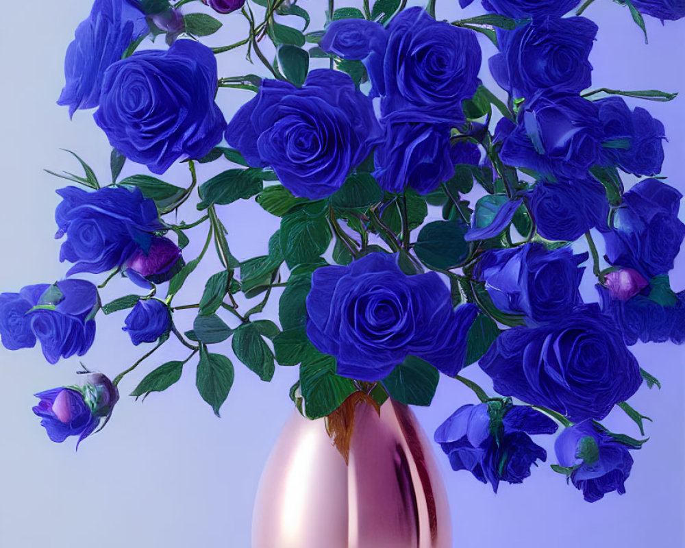Blue Roses Bouquet in Gold Vase on Reflective Purple Surface