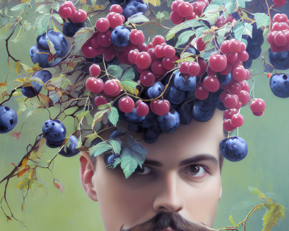 Man with Impeccably Groomed Mustache in Surreal Portrait with Berries
