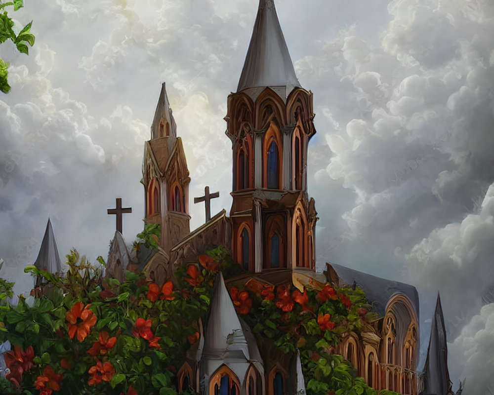 Gothic church spires amid lush greenery and red flowers against dramatic sky