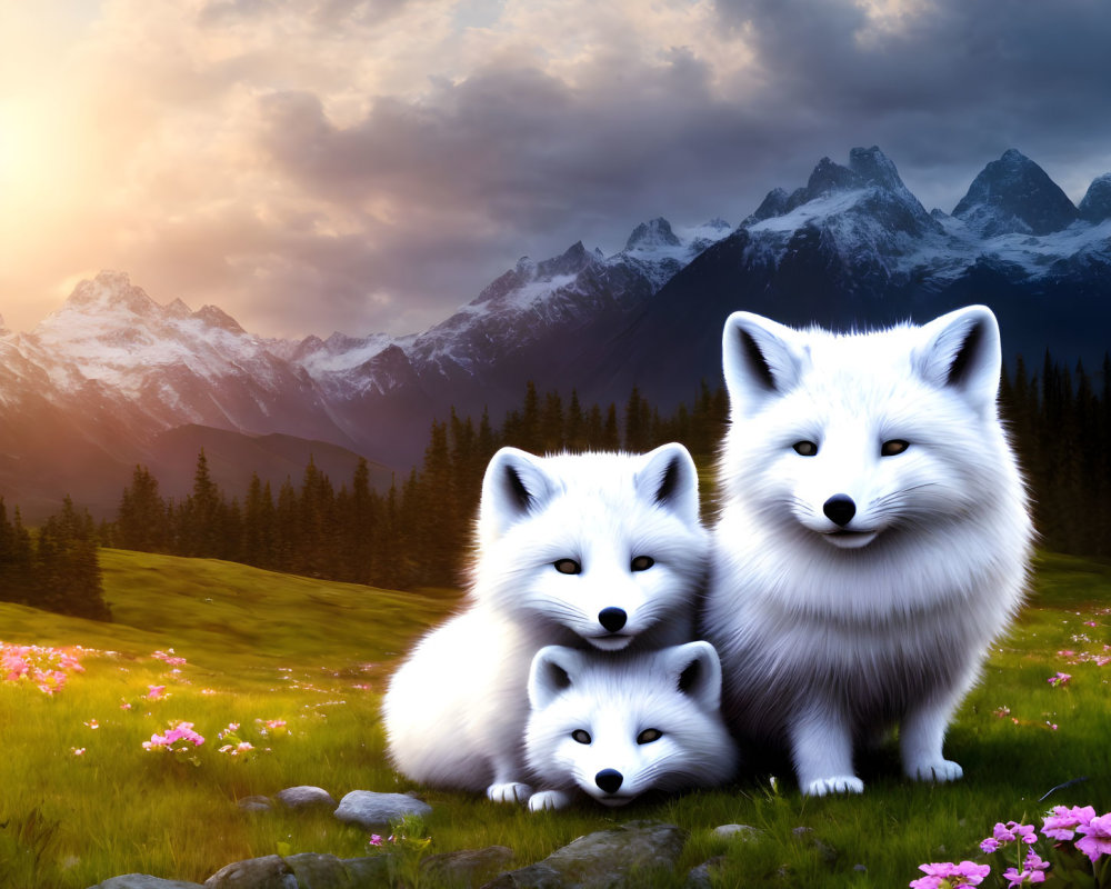 White foxes in vibrant meadow with pink flowers, mountains, sunset sky