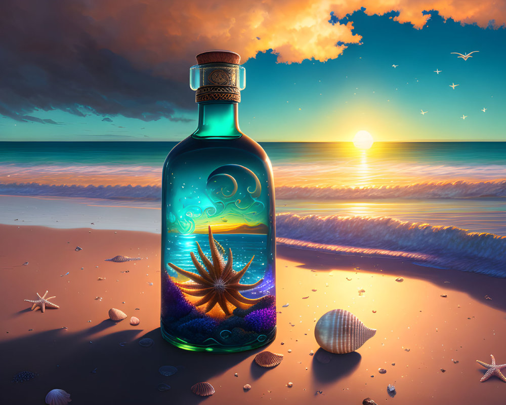 Fantasy illustration of bottle on beach with sea landscape, starfish, waves, sunset, and flying
