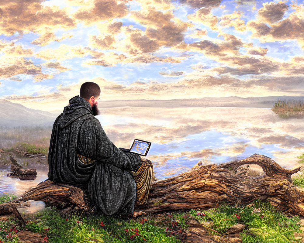 Person in robe on fallen tree using laptop with mountain backdrop at sunrise/sunset