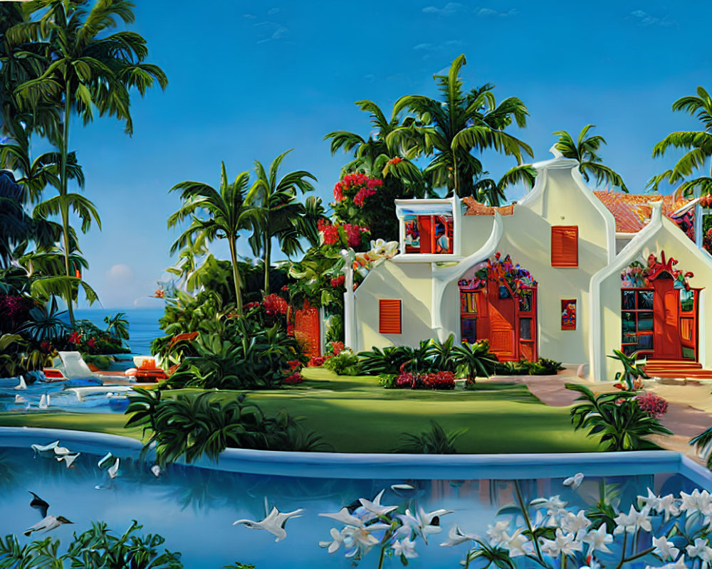 Tropical villa with red accents, palm trees, flowers, and blue pool.