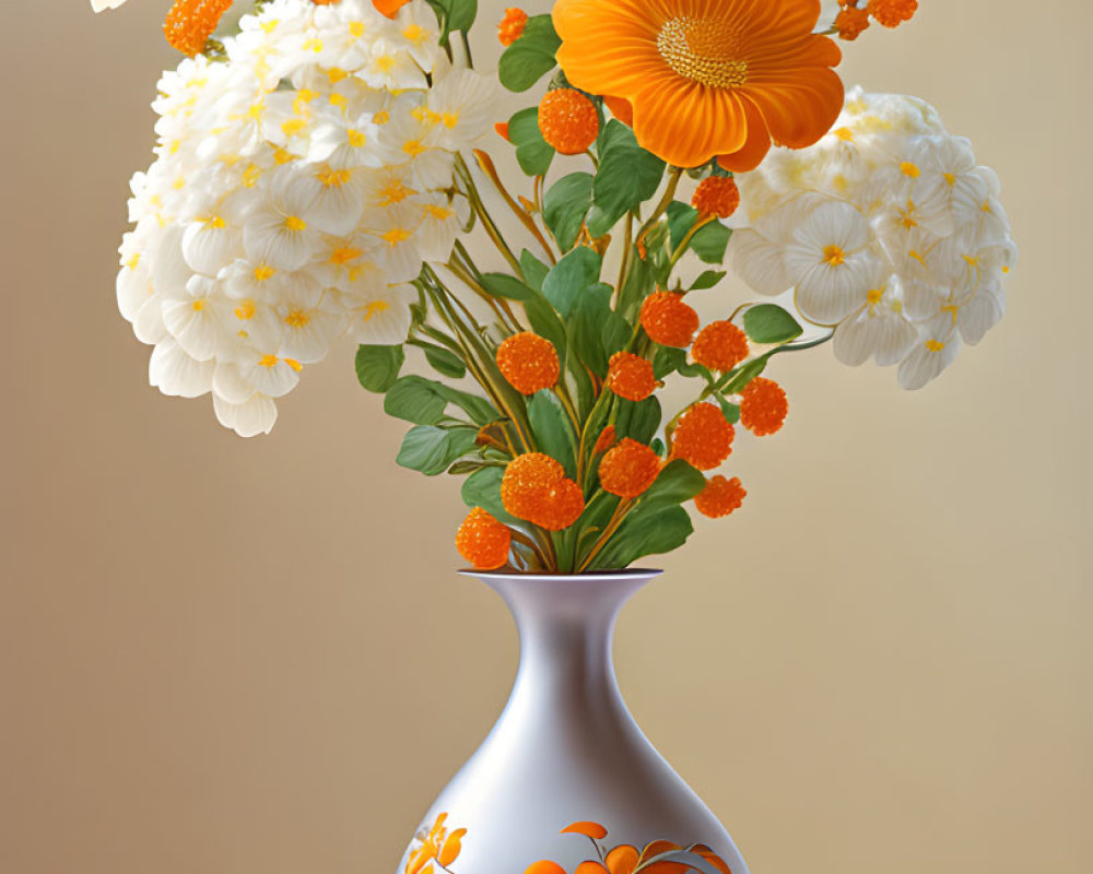 Orange and White Flower Bouquet in Decorated Vase on Table with Matching Cloth
