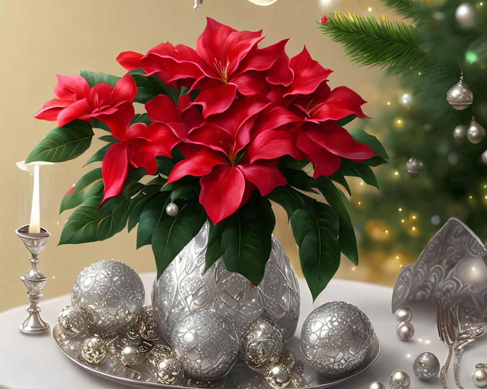 Festive poinsettia display with silver ornaments and candlesticks beside a Christmas tree.