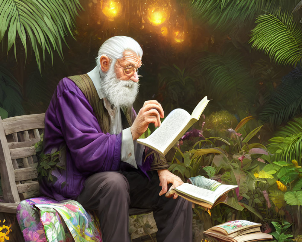 Elderly man with white beard reading book on wooden bench in lush greenery