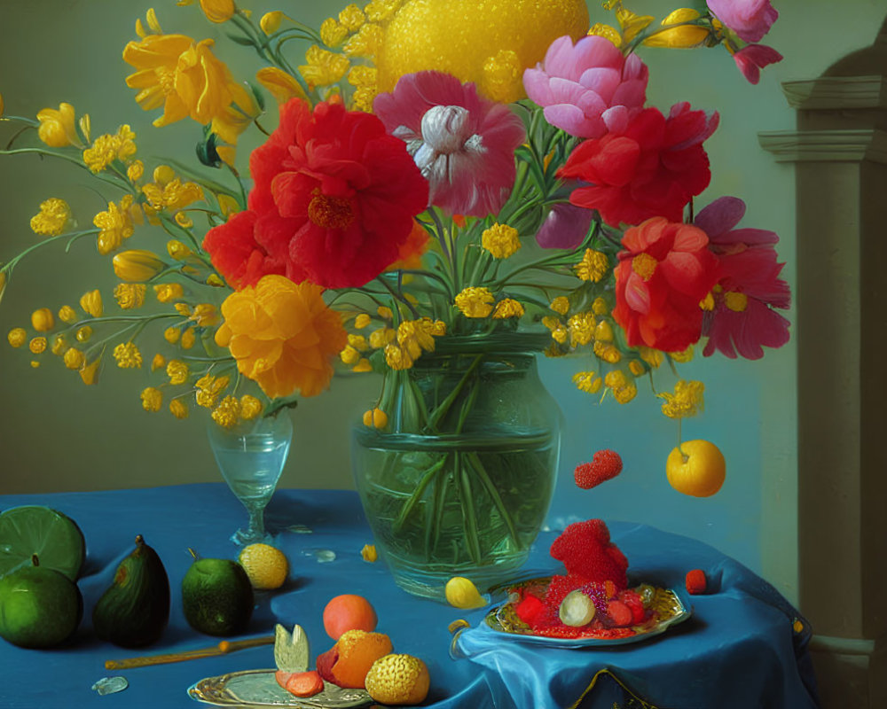 Colorful Flower Bouquet and Fresh Fruits Still Life on Table Against Cloudy Sky