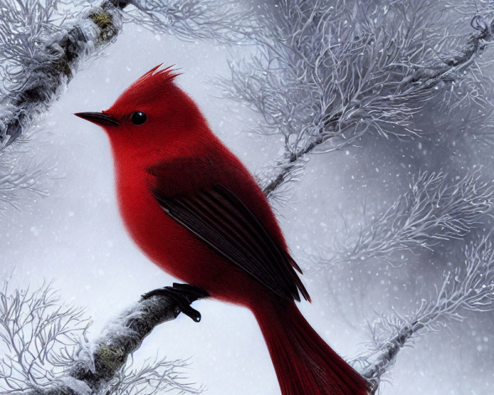 Red bird on snowy branch with frosted trees
