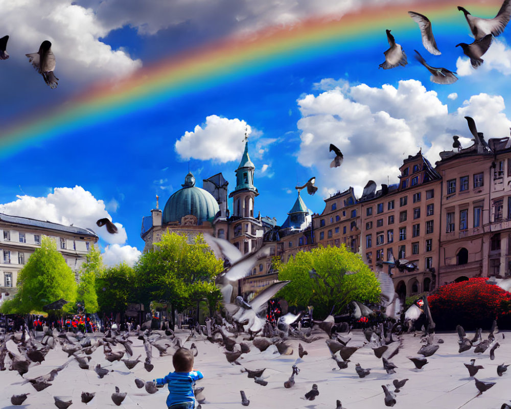 Child with pigeons under rainbow in city square with historical buildings.