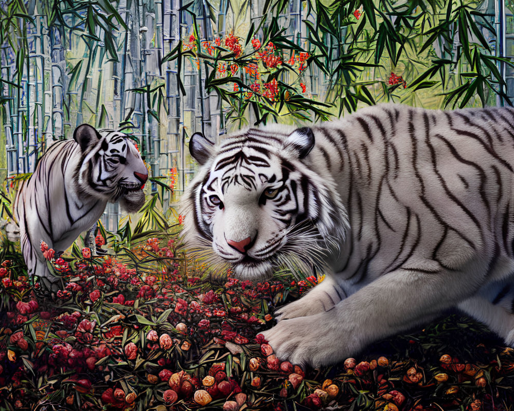 Two White Tigers in Vibrant Jungle with Bamboo and Blooming Flowers