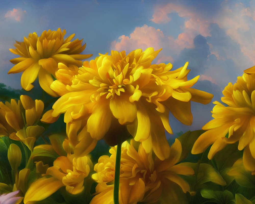 Bright Yellow Flowers Blooming Under Blue Skies
