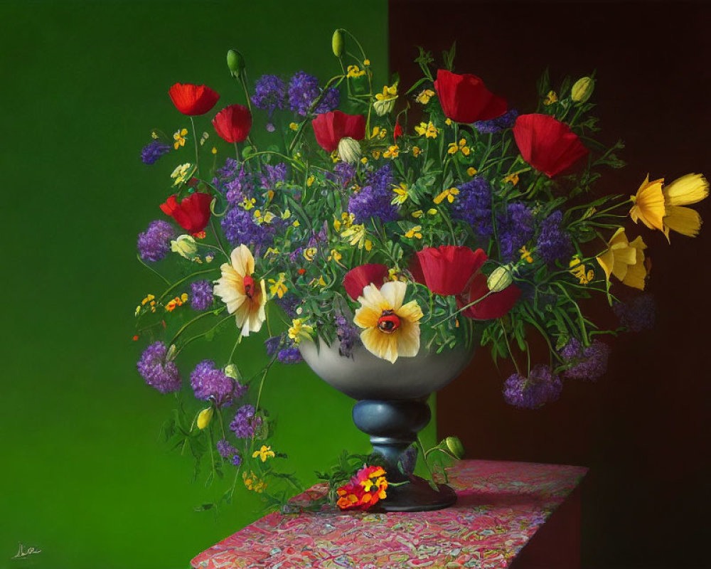 Colorful Still Life Painting: Red Poppies, Yellow & Purple Flowers in Ornate Vase