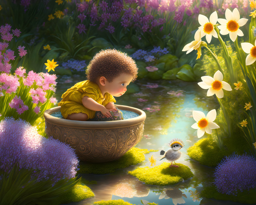 Infant in yellow outfit sitting in bowl surrounded by flowers and gazing at bird