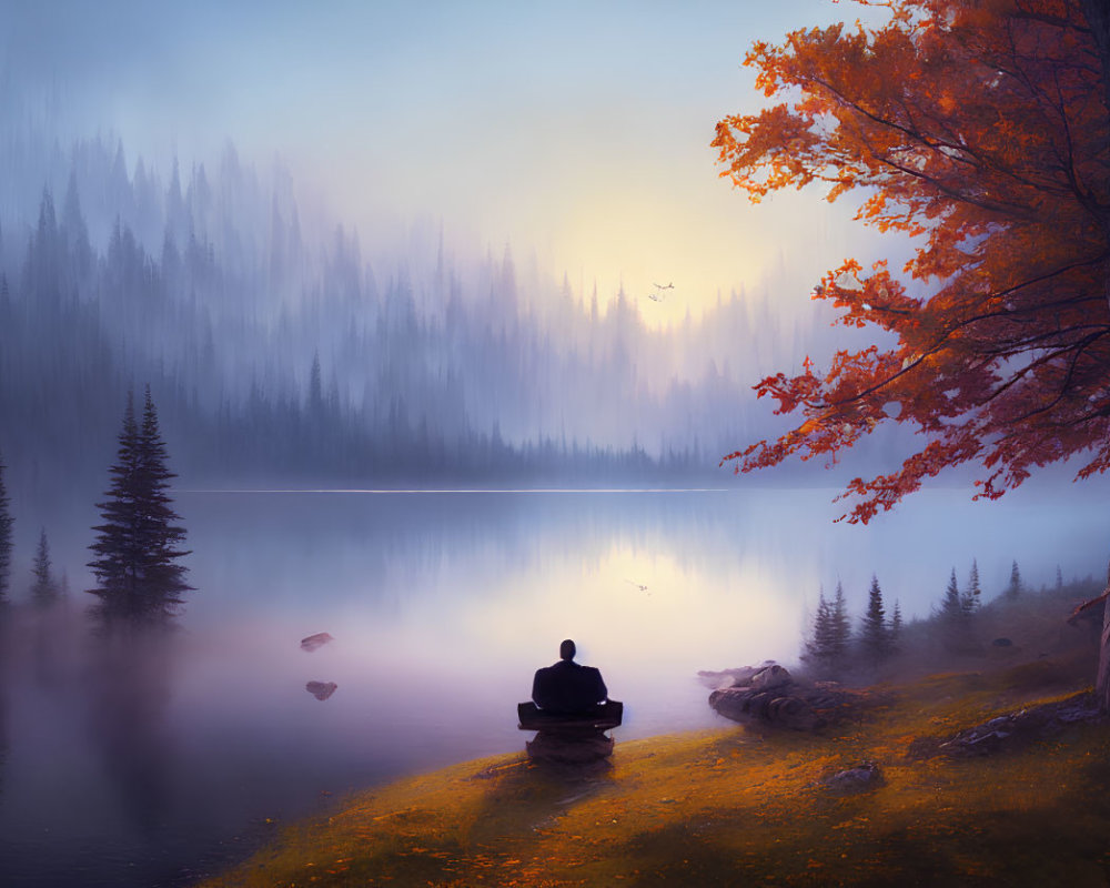 Person sitting by serene lake at sunrise with foggy pine forests and autumn tree.