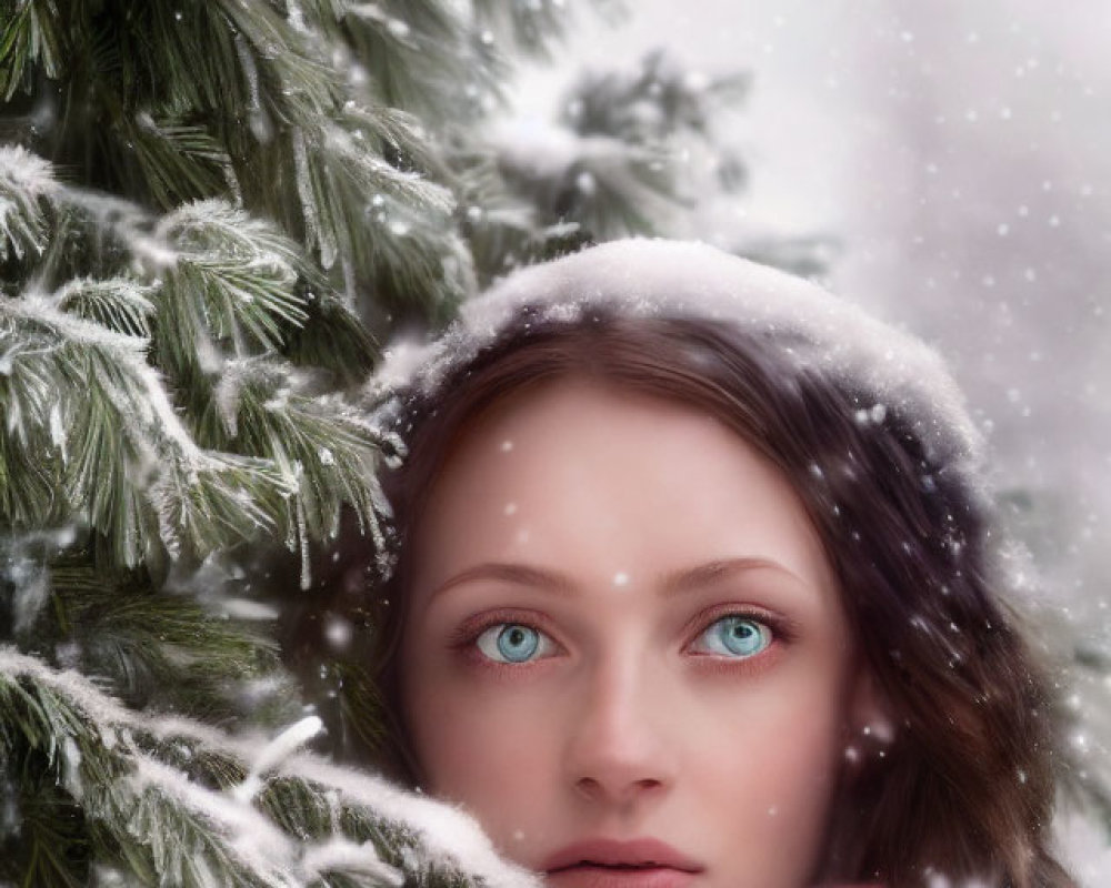 Person with blue eyes in winter scene with snowflakes and pine branches