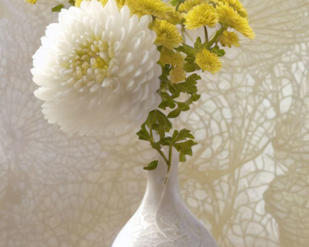 White Vase with Floral Patterns and Dahlia on Lace Background