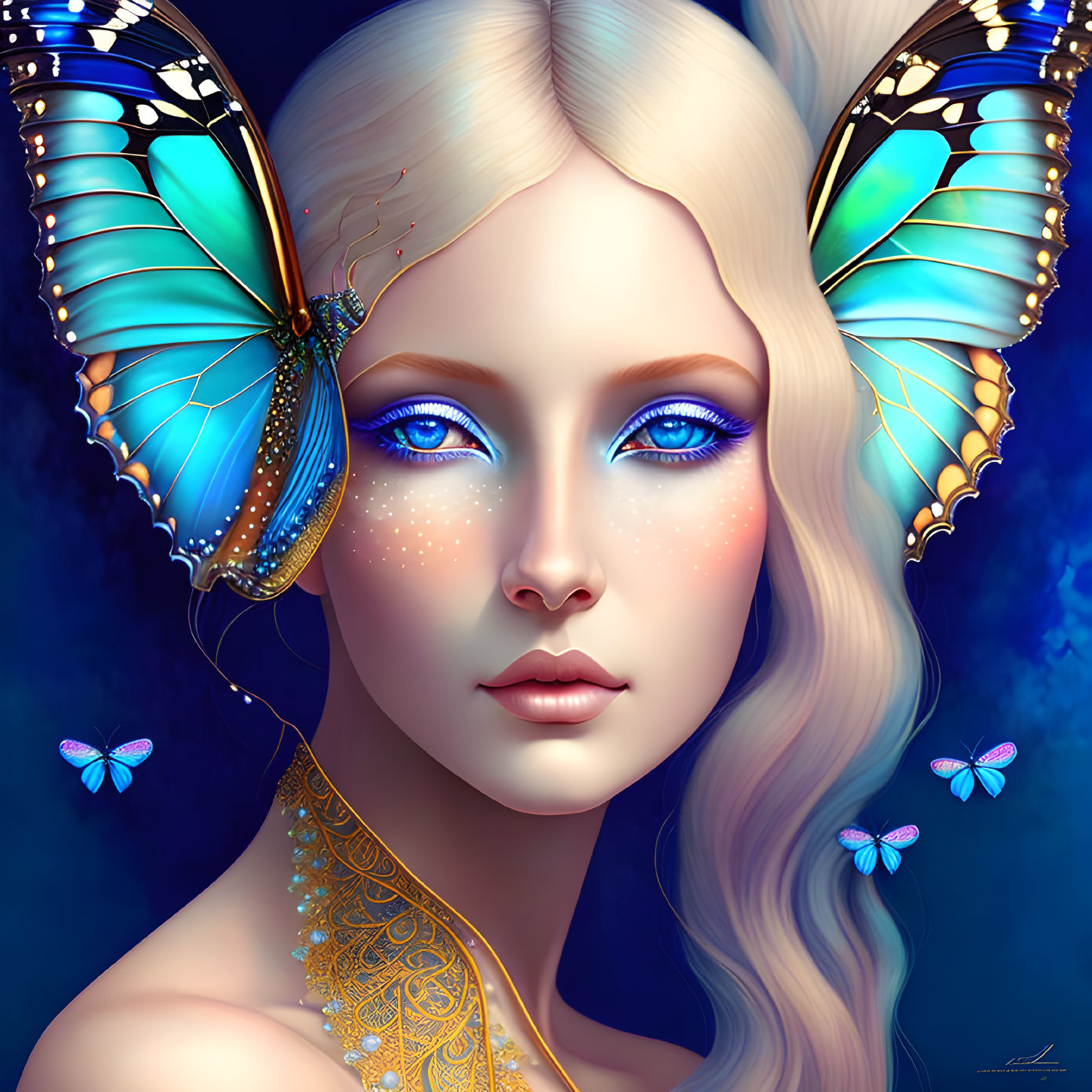 Portrait of woman with blue eyes and butterflies, gold details & ethereal aura