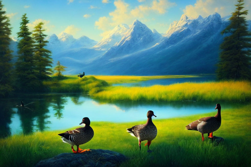 Tranquil lake scene with ducks, mountains, and greenery