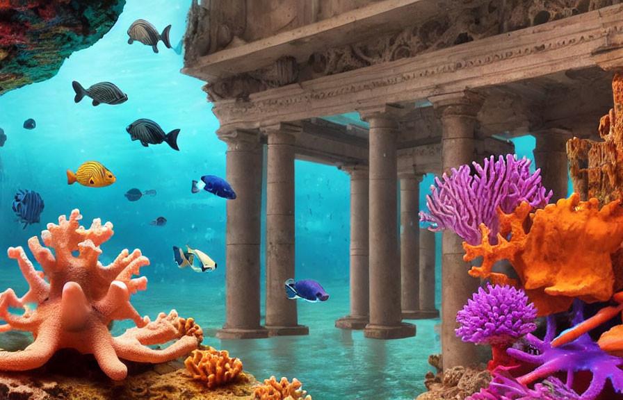 Colorful fish swim around ancient submerged columns in vibrant coral scene
