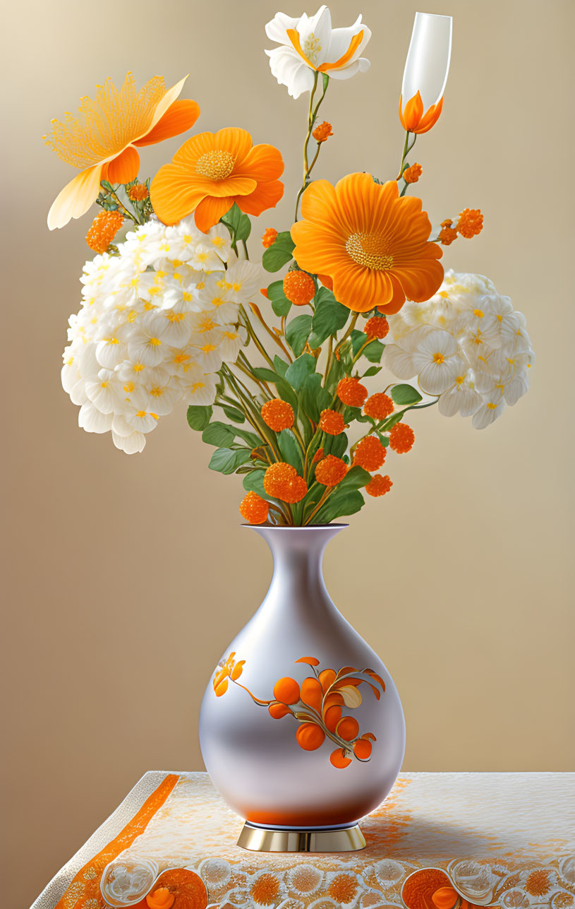 Orange and White Flower Bouquet in Decorated Vase on Table with Matching Cloth
