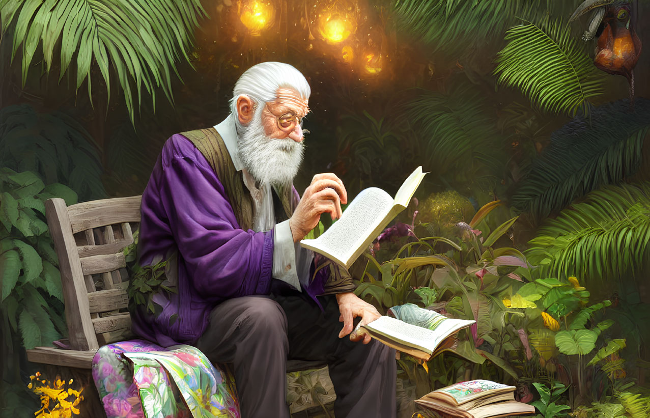 Elderly man with white beard reading book on wooden bench in lush greenery