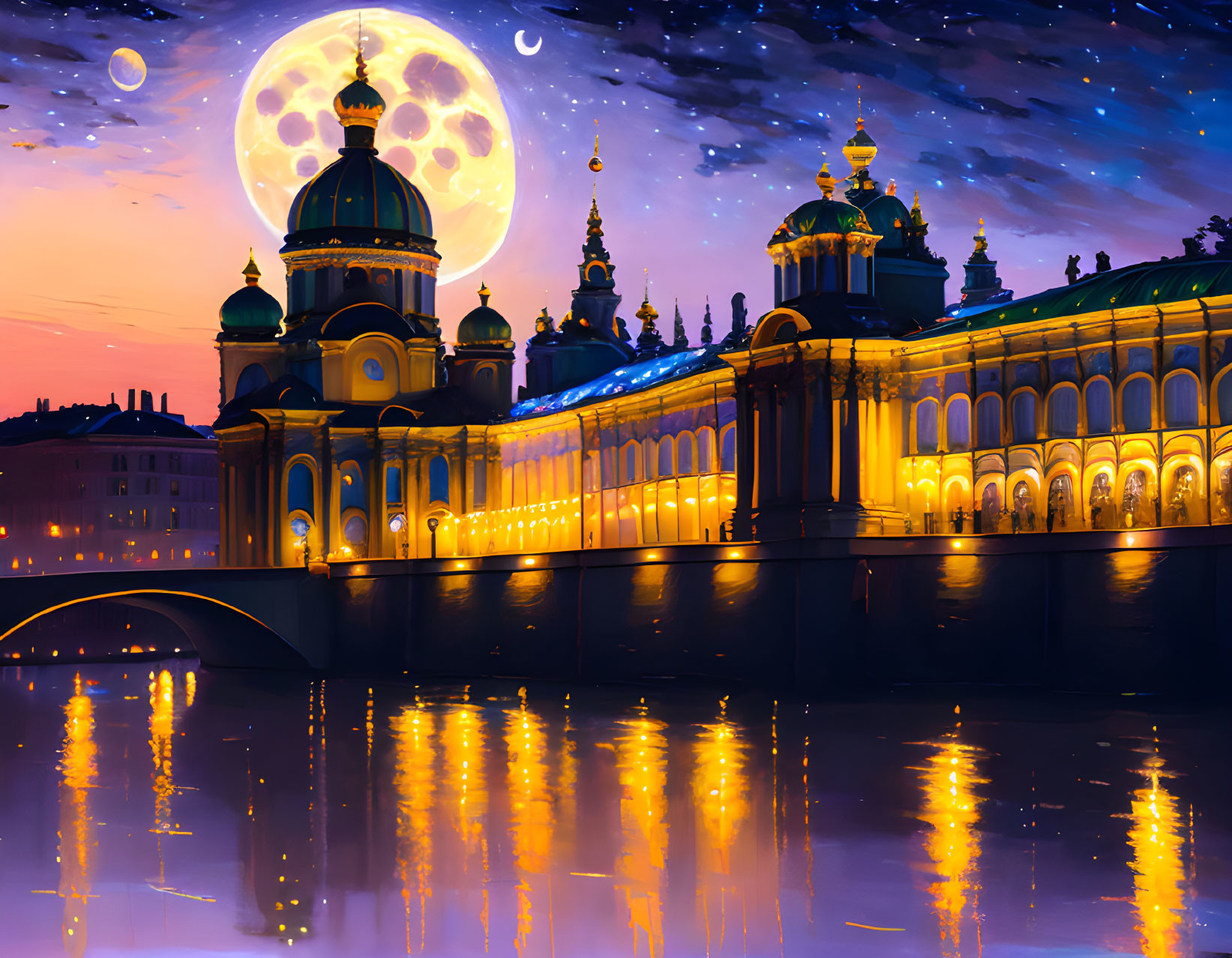 Baroque-style palace with domes under night sky reflected in river