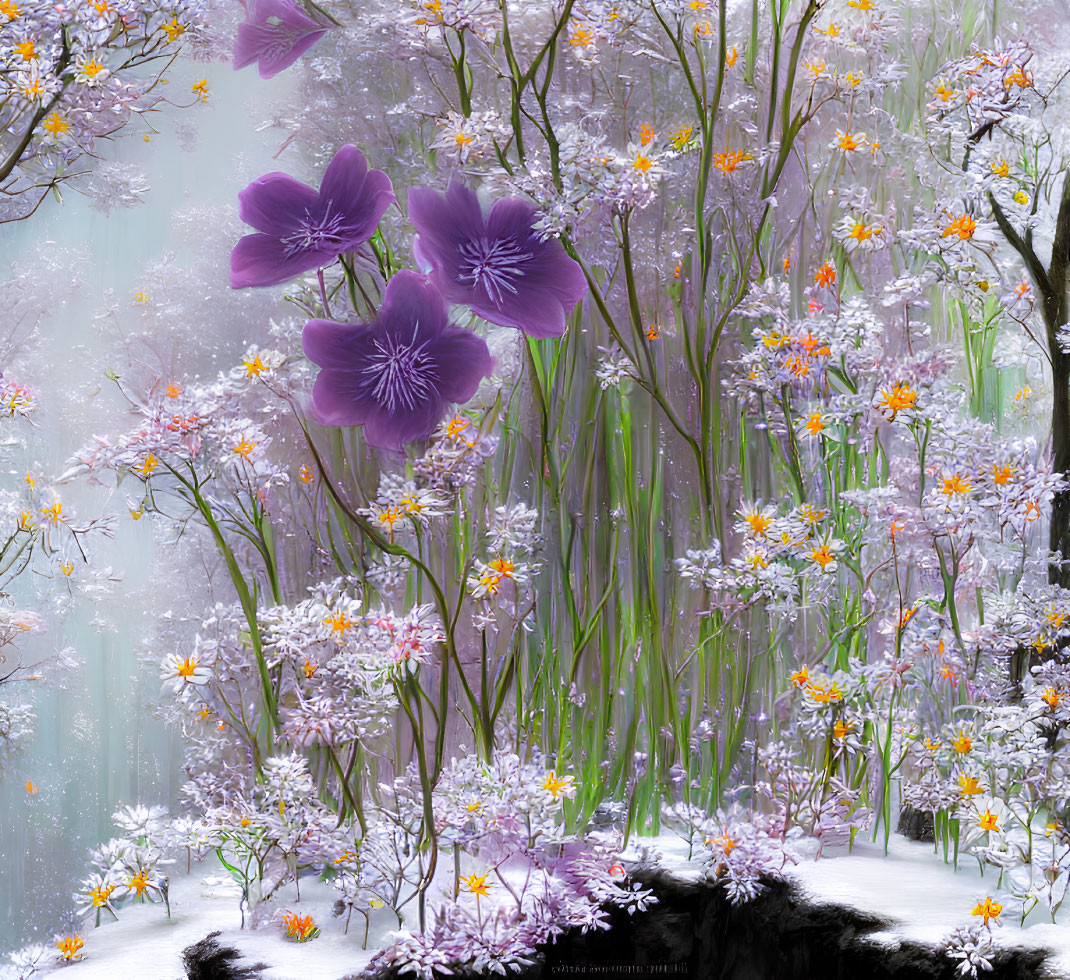 Mystical garden with purple and white flowers in foggy woods