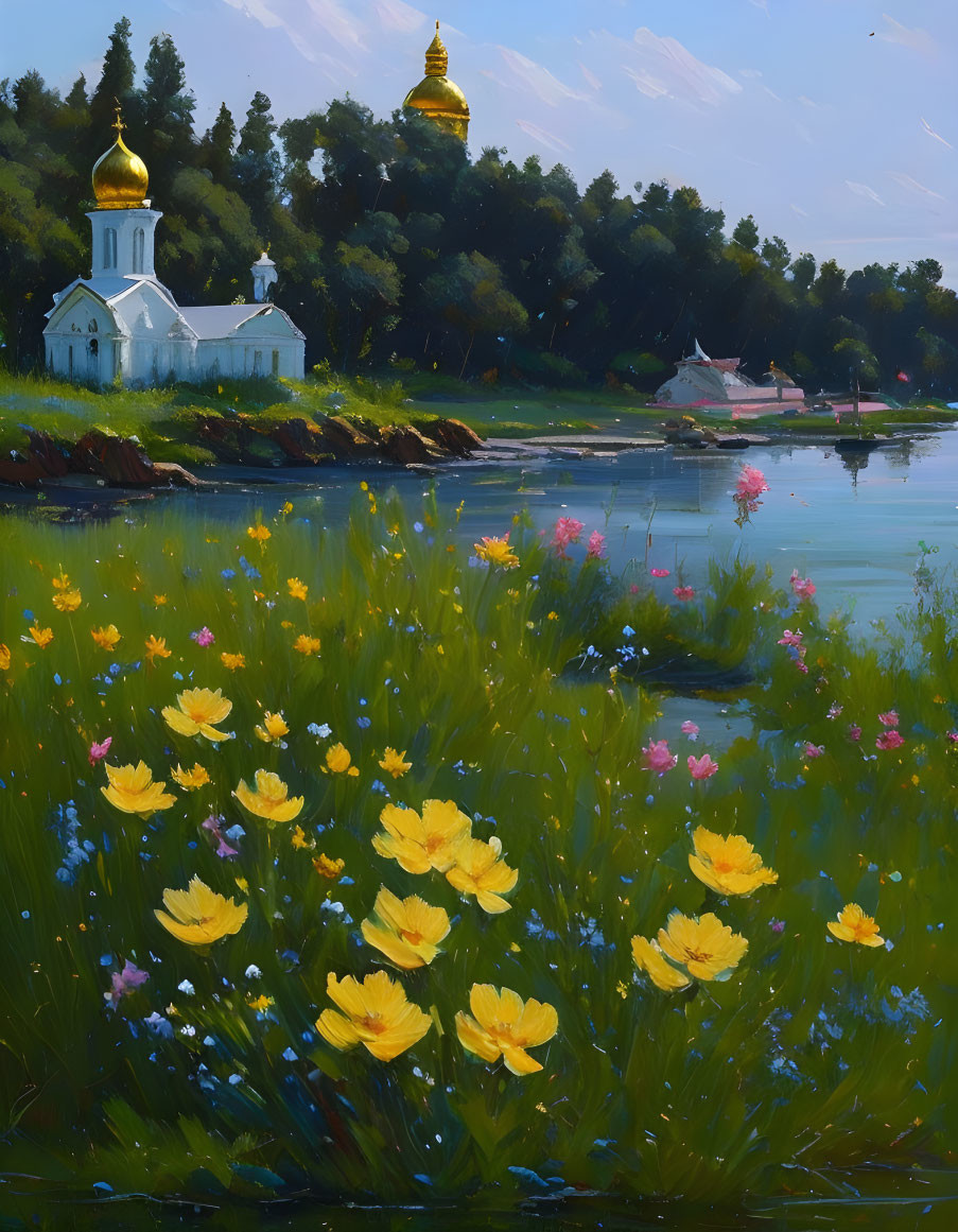 Vibrant yellow flowers in lush meadow by serene river and distant church with golden domes under