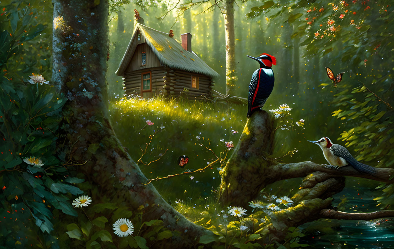 Tranquil forest scene with wooden cabin, woodpeckers, flowers, butterflies, and sun