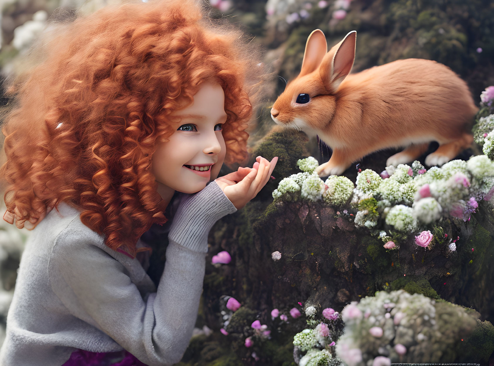 Child with red hair smiling at rabbit in flower garden