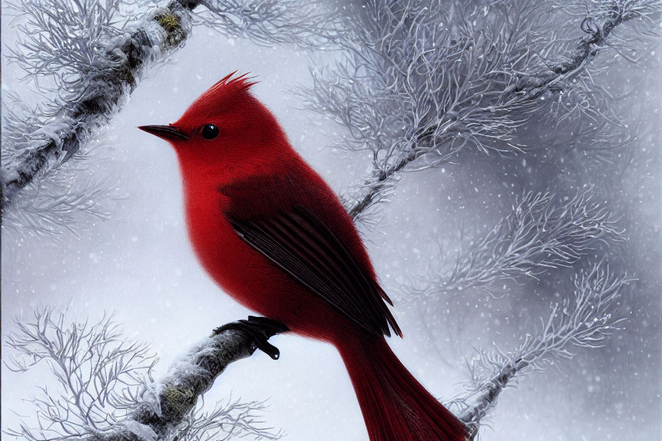 Red bird on snowy branch with frosted trees