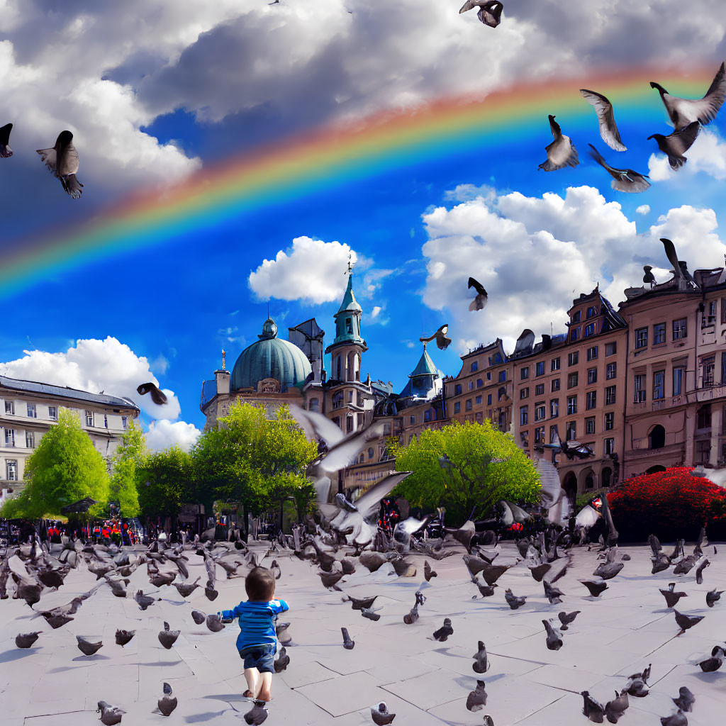 Child with pigeons under rainbow in city square with historical buildings.