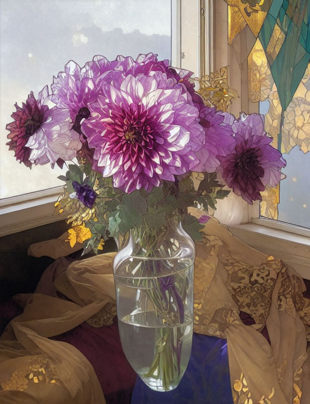 Purple Dahlias Bouquet in Clear Vase on Windowsill with Golden Draped Fabric and Stained