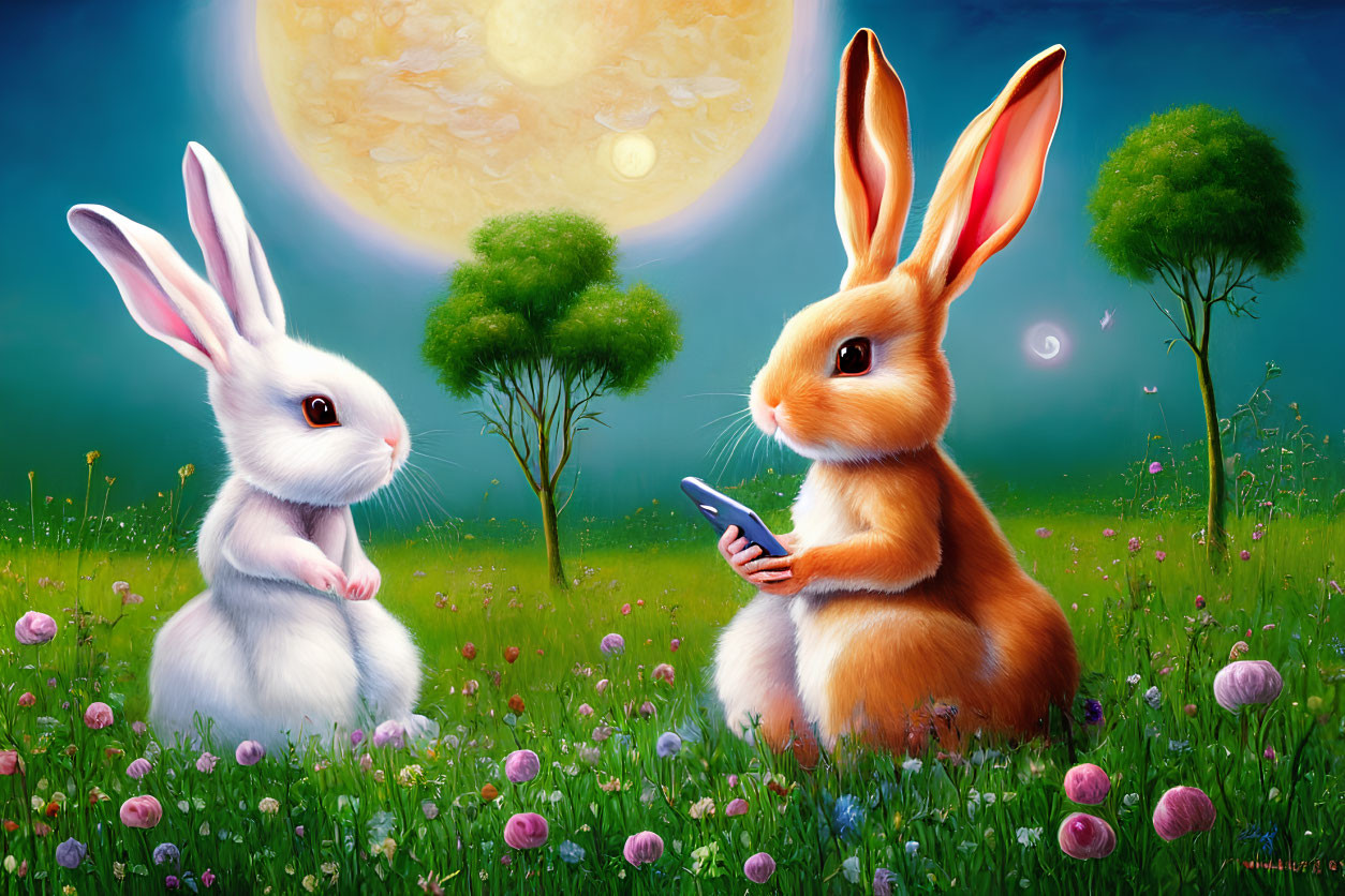 Anthropomorphic rabbits in grass field under full moon with smartphone